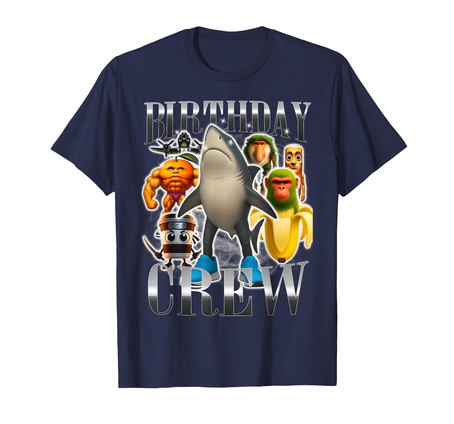 Birthday Crew Funny Italian Brainrot Meme Shark Monkey T-Shirt