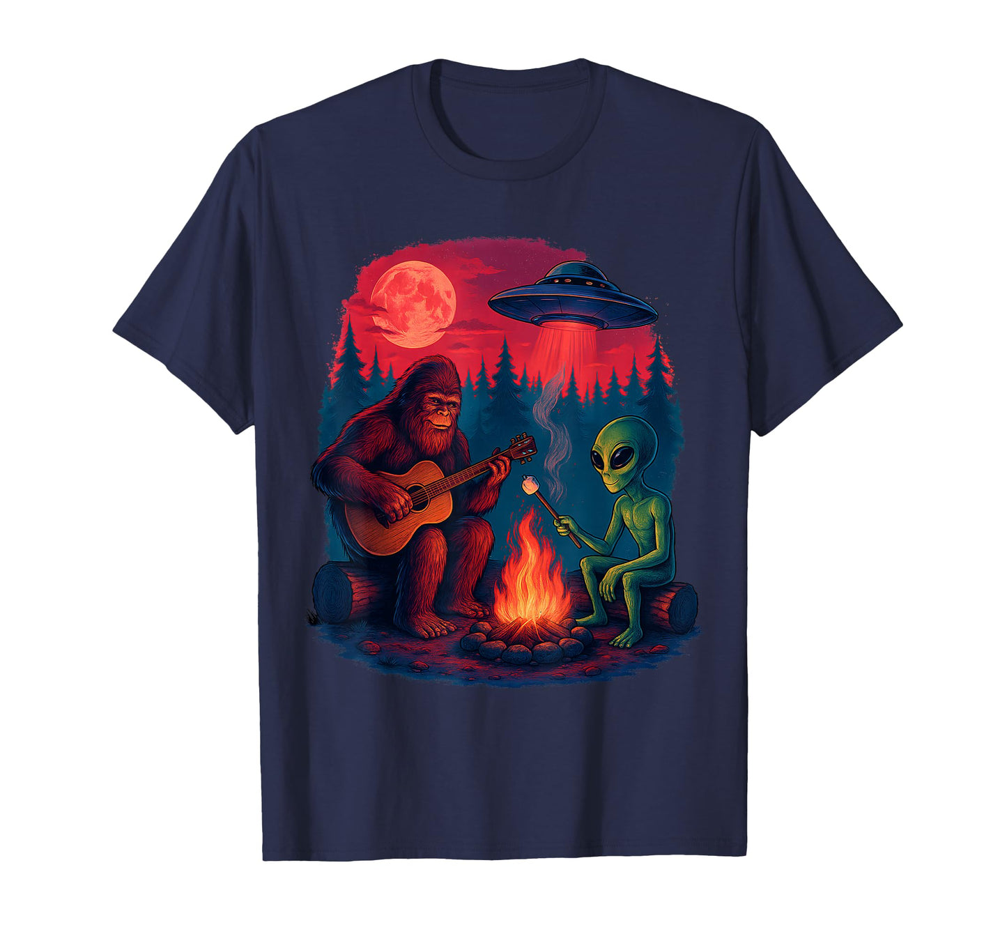 Alien Bigfoot Campfire Moon UFO Sasquatch Adventure Hiking T-Shirt