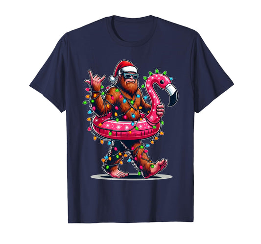 Santa Bigfoot Flamingo Christmas Light Funny Rock Sasquatch T-Shirt