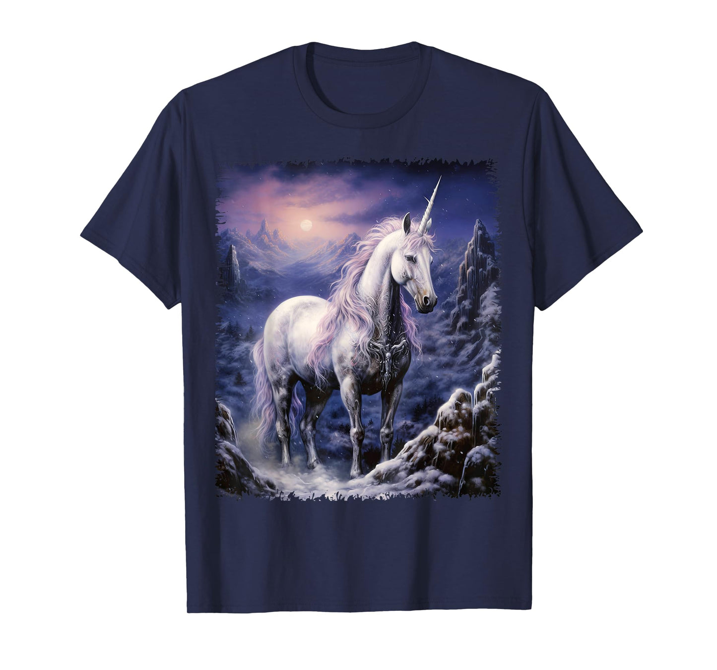 Fantasy white Unicorn standing in the snowy forest T-Shirt