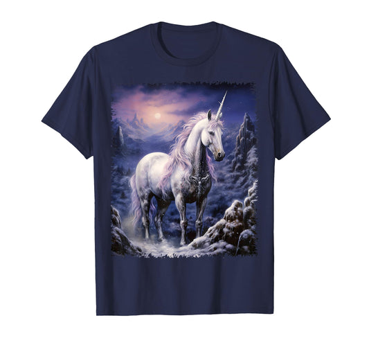 Fantasy white Unicorn standing in the snowy forest T-Shirt
