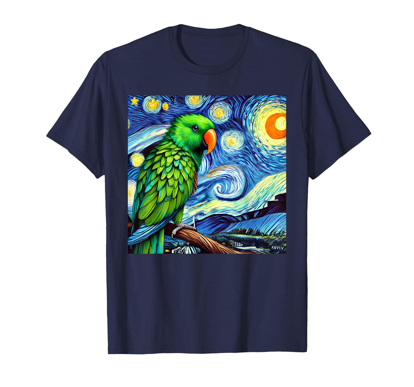 Green Eclectus Parrot Bird Starry Night Sky Art Van Gogh T-Shirt