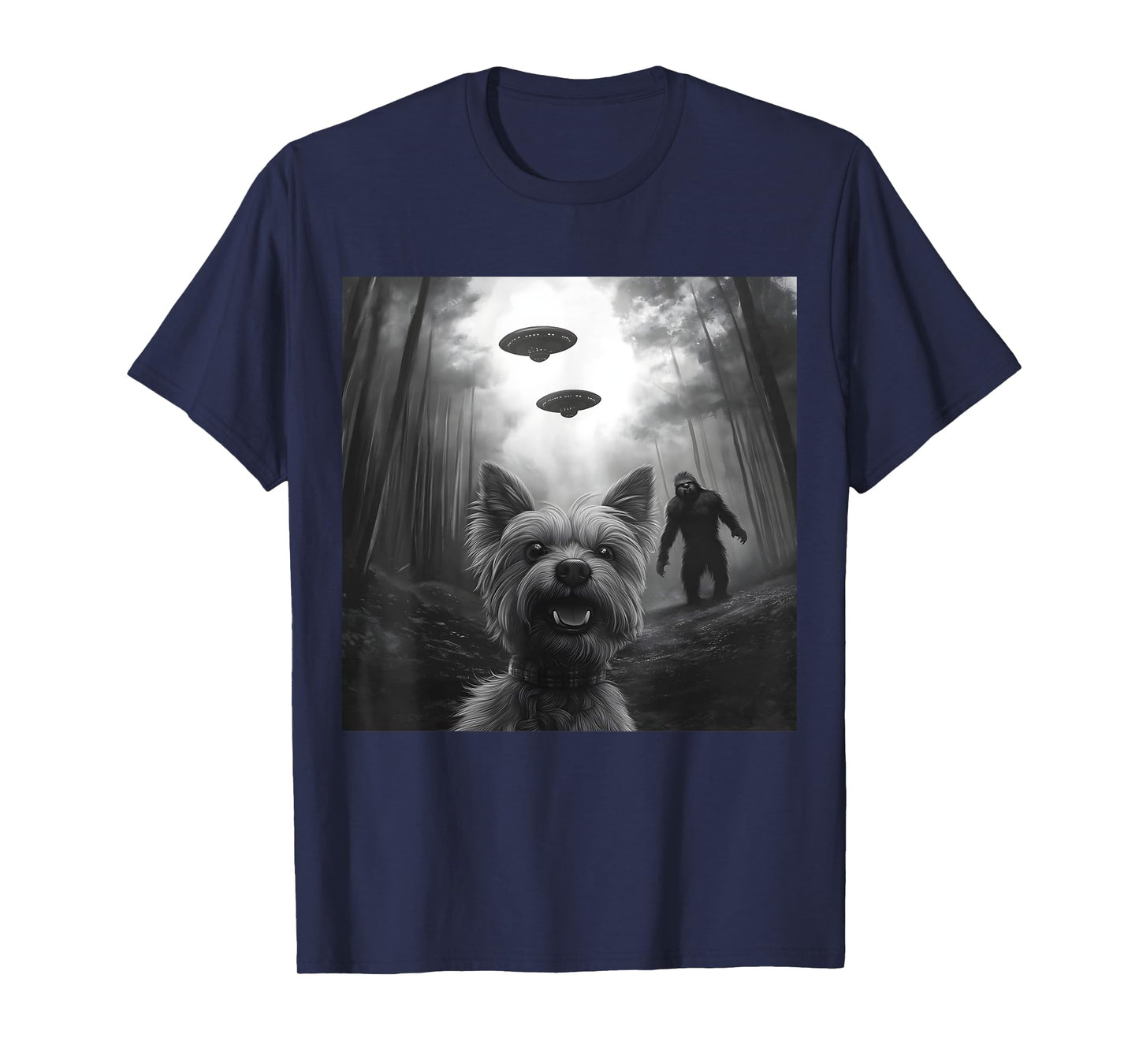Yorkie vs. Bigfoot – Funny Yorkshire Terrier Alien Encounter T-Shirt