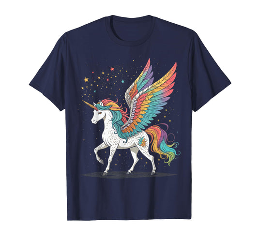 Magical Rainbow Unicorn with Wings Black Background Art T-Shirt