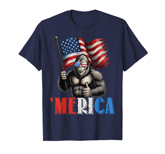 Bigfoot Merica American Flag Patriotic 4th Of July T-Shirt