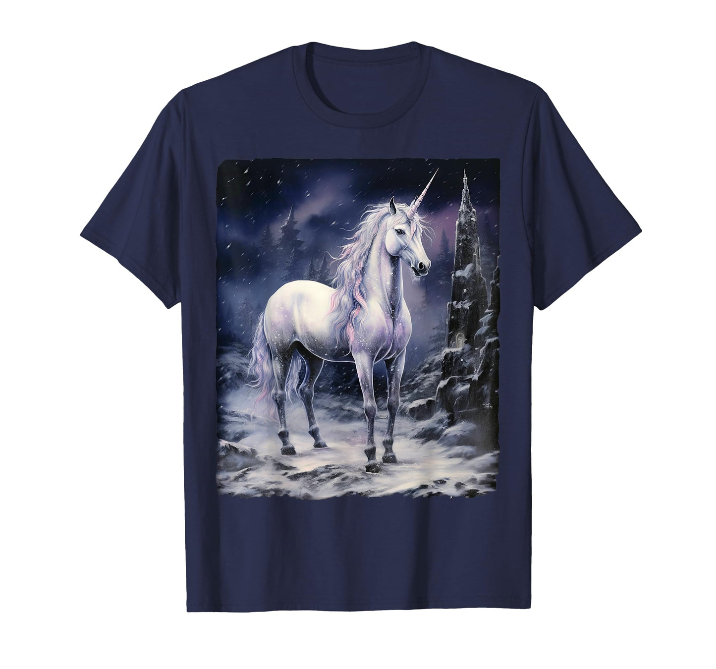 Fantasy white Unicorn standing on snowy mountain T-Shirt