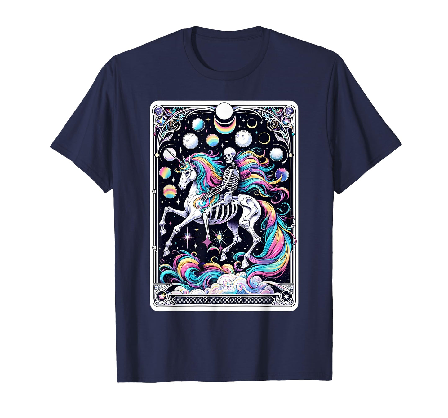 Skeleton Riding Unicorn Tarot Card Celestial Fantasy Art T-Shirt