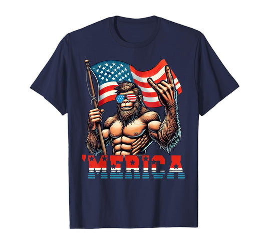Bigfoot Merica Rock American Flag Patriotic 4th Of July T-Shirt