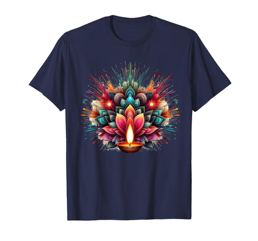PV Mata Diwali Diya Explosion of Colors Unisex-Adults T-Shirt, Black, Small, Short Sleeve