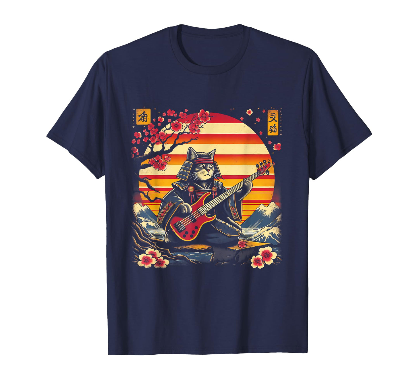 Japanese Samurai Cat Playing The Bass Ninja Kitten Warriors T-Shirt for Men Women