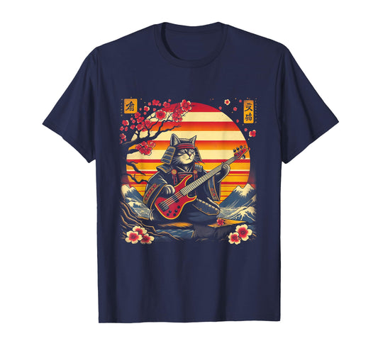Japanese Samurai Cat Playing The Bass Ninja Kitten Warriors T-Shirt for Men Women