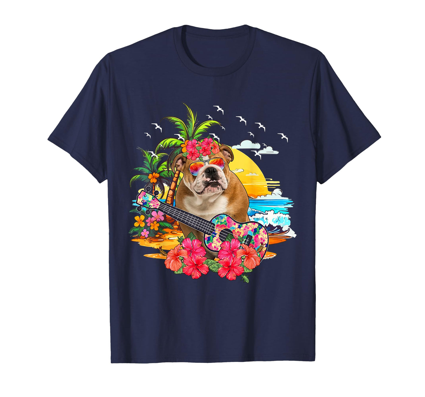 Hawaiian Floral Bulldog Sunglasses Playing Guitar On Beach T-Shirt