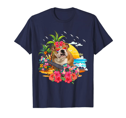Hawaiian Floral Bulldog Sunglasses Playing Guitar On Beach T-Shirt