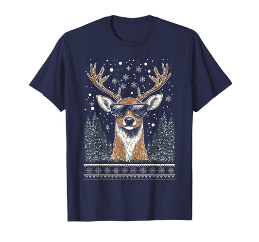 Funny Christmas Reindeer With Sunglasses Ugly Christmas T-Shirt
