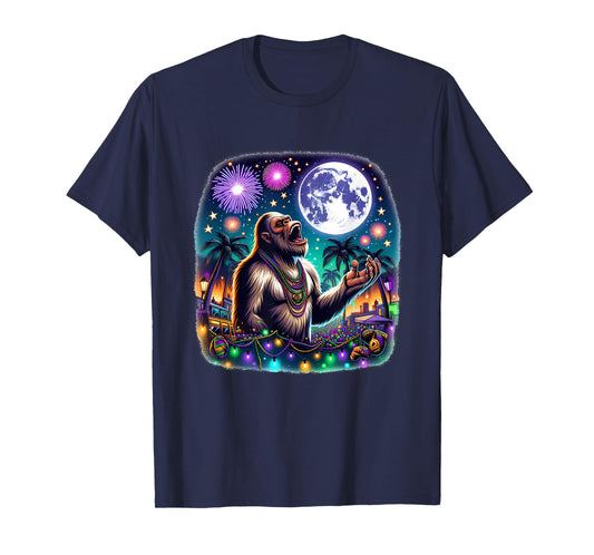 Bigfoot Meets Moon Over Mardi Gras New Orleans Fun T-Shirt