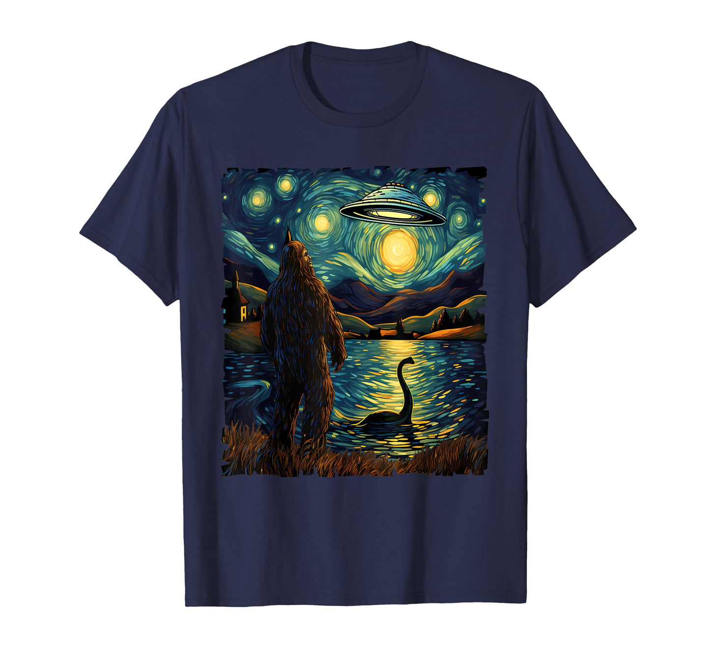 Funny Bigfoot UFO and Nessie Van Gogh Starry Night Painting T-Shirt