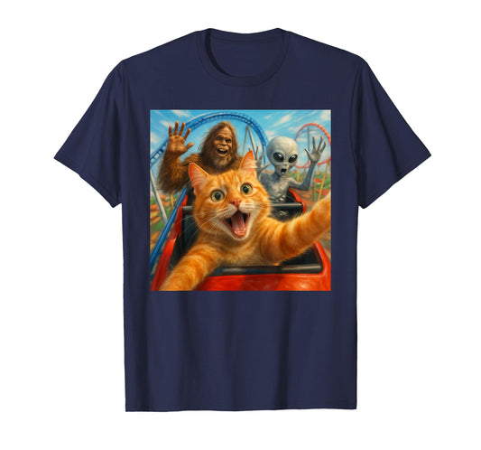 Funny Cat Selfie with Big Foot & Alien Roller Coaster Meme T-Shirt