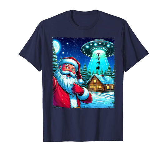 Santa Claus Shocked UFO Alien Reindeer Abduction Selfie Xmas T-Shirt