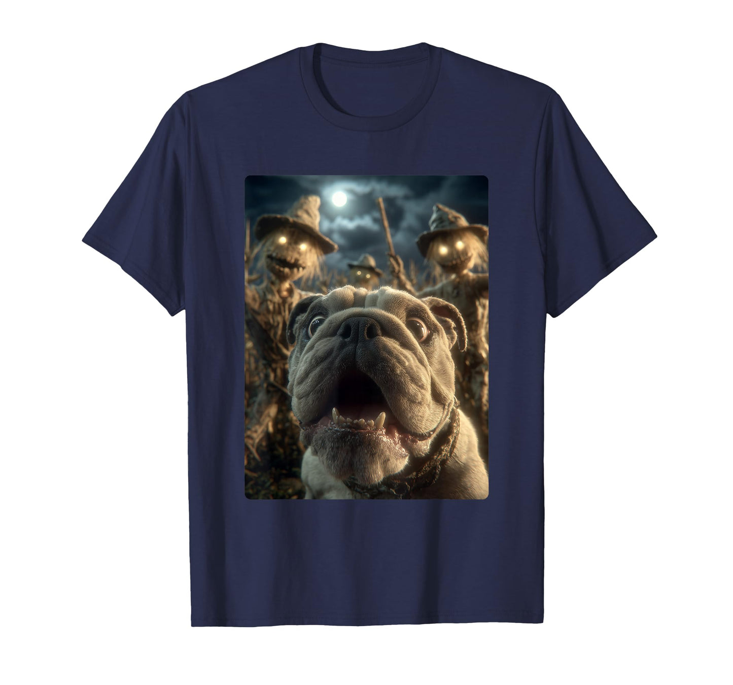 Funny Bulldog Selfie with Scarecrows Spooky Halloween Dog T-Shirt