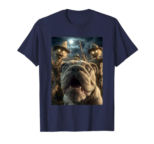 Funny Bulldog Selfie with Scarecrows Spooky Halloween Dog T-Shirt