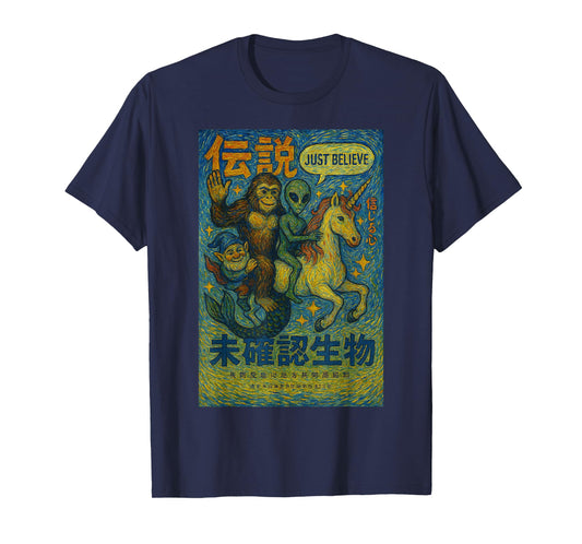 Funny Bigfoot Alien Japanese Starry Night Mythical Graphic T-Shirt