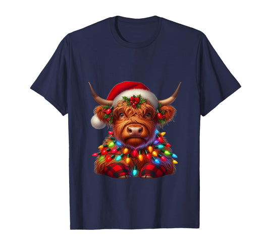 Scottish Highland Cow Christmas Santa Hat Lights Xmas Pajama T-Shirt