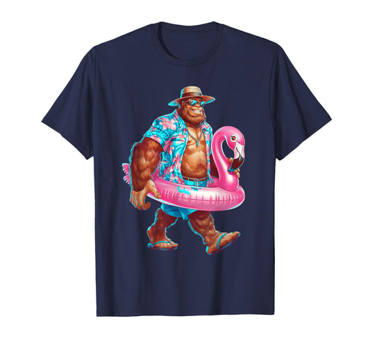 Hawaiian Bigfoot Sasquatch Pink Flamingo Pool Party Summer T-Shirt
