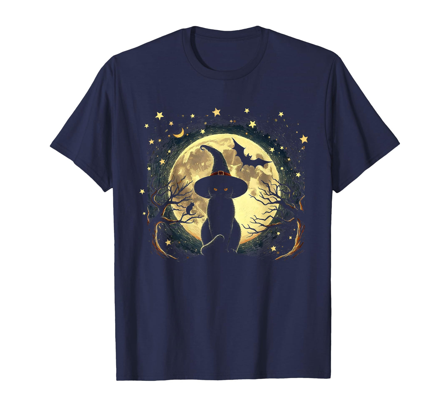 Vintage Scary halloween black cat Van gogh Starry Night Moon T-Shirt