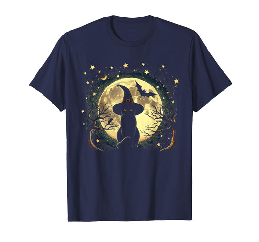 Vintage Scary halloween black cat Van gogh Starry Night Moon T-Shirt