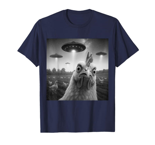 Chicken Rooster Funny Selfie Chicken with UFOs Weird Aliens T-Shirt