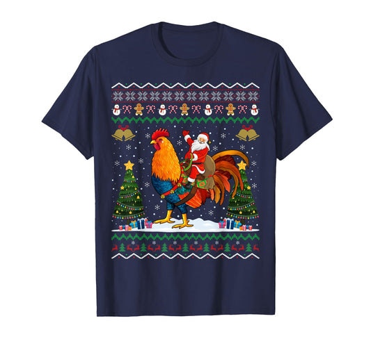 Rooster Ugly Xmas Gift Santa Riding Rooster Christmas T-Shirt