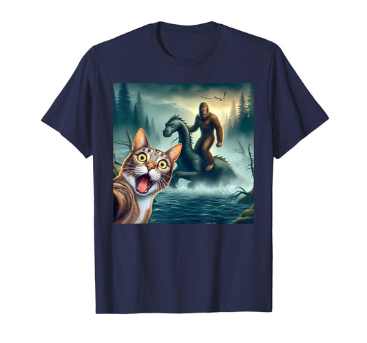 Cat Selfie bigfoot riding loch Ness monster surprised cat T-Shirt for Men Women Kids