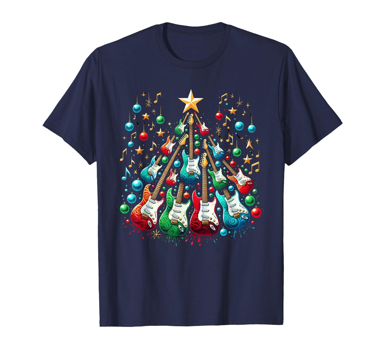 Funny Guitar Santa Hat Christmas Tree Guitar Music Lovers T-Shirt