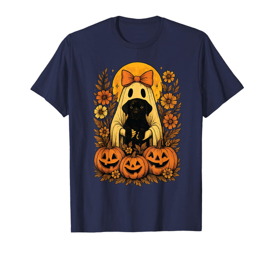 Vintage Halloween Ghost Holding Labrador Retriever Dog T-Shirt