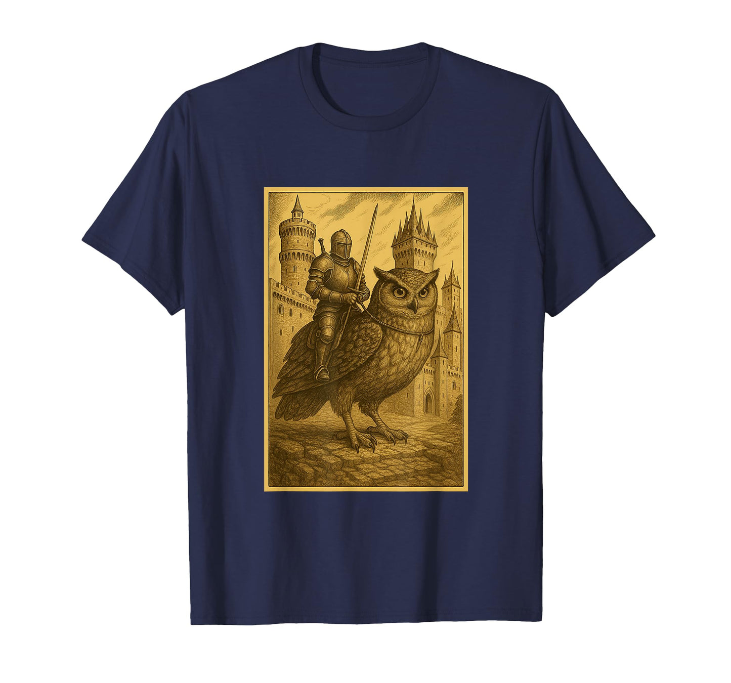 Medieval Knight Riding a Owl Fantasy Art Surreal Bird Rider T-Shirt
