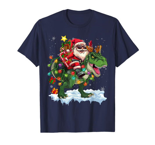 Merry Christmas 2025 Santa Riding Dinosaur Xmas Boy Men Kids T-Shirt