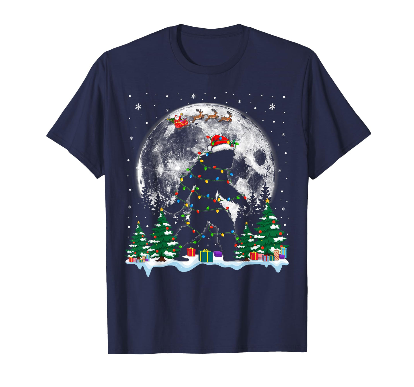 Santa Bigfoot Christmas Lights Funny Sasquatch Believe T-Shirt