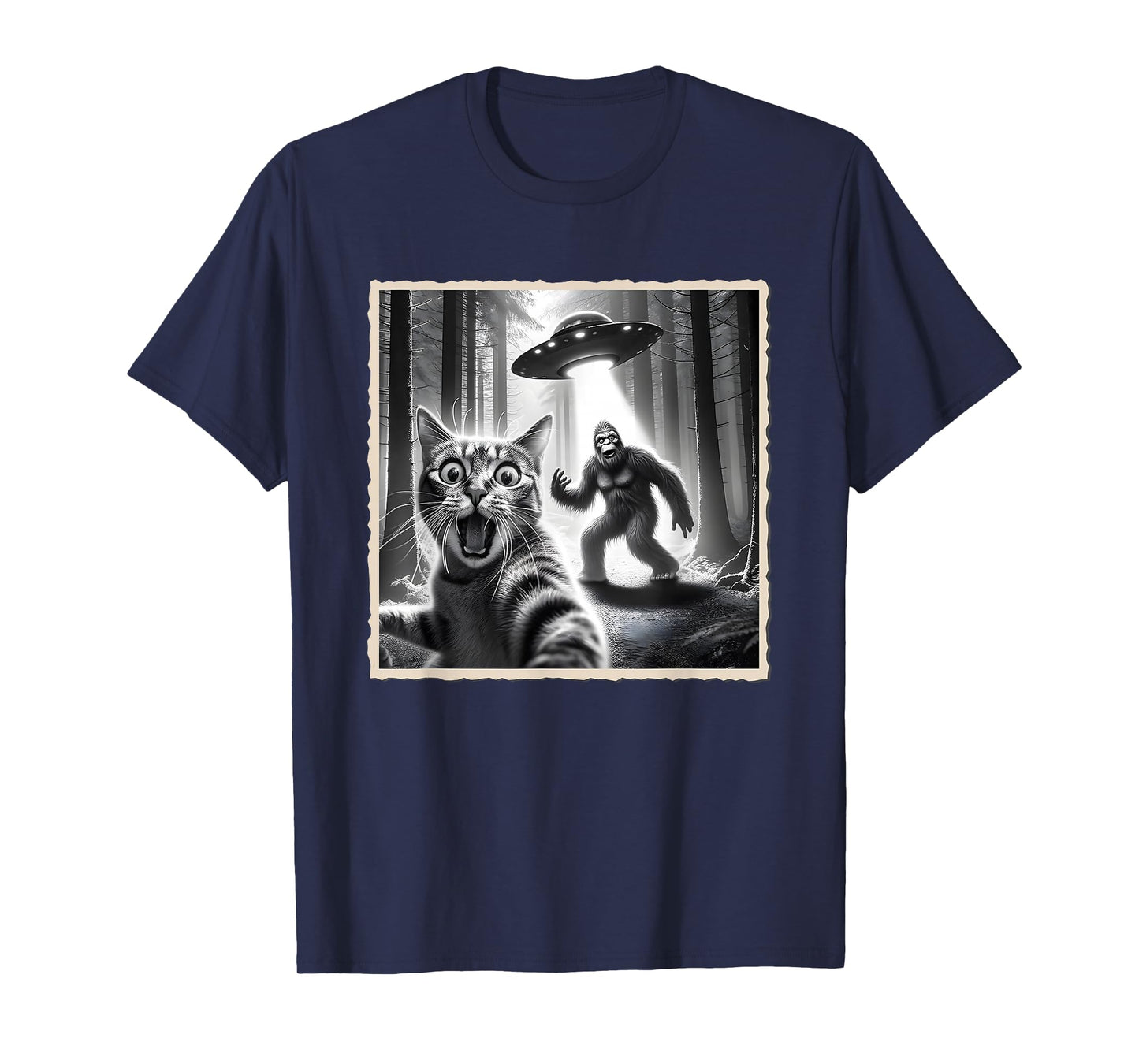 Cat Selfie With Bigfoot & UFO | Funny Sasquatch & Cat T-Shirt