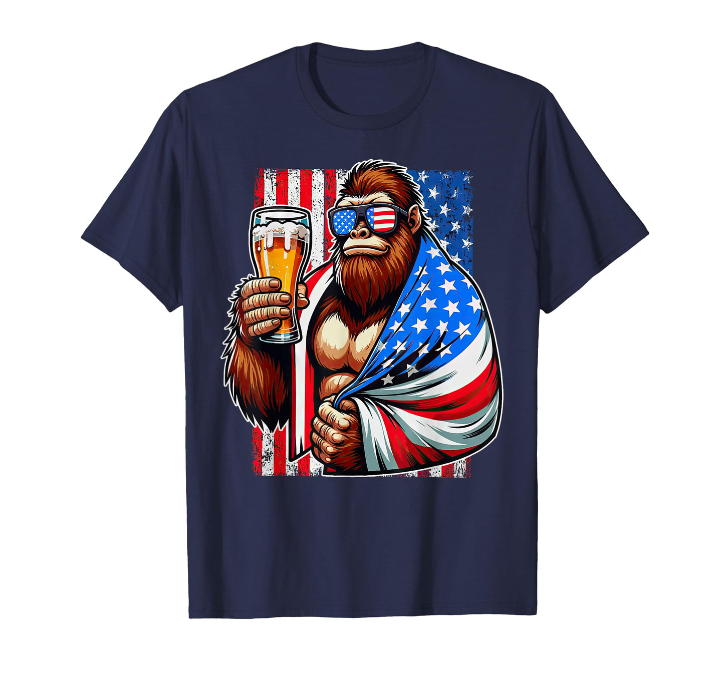 Bigfoot American Flag Drinking Beer 4th Of July Patriotic T-Shirt for Women Men