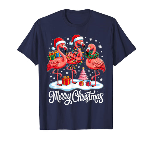 Merry Christmas Hat Santa Flamingo Light Xmas Women Girls T-Shirt