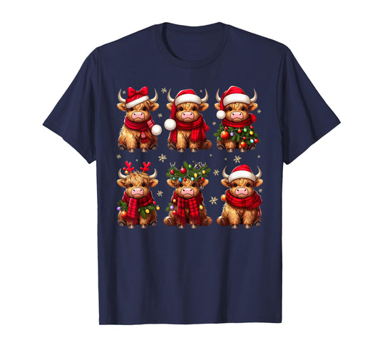 Highland Cow Santa Christmas Lights Funny Xmas Animal Lover T-Shirt