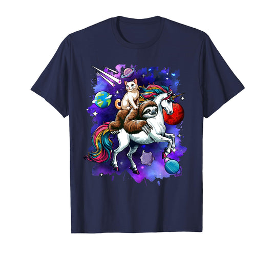 Cat And Sloth Riding Unicorn In Space Costume Galaxy T-Shirt for Men Women Kids