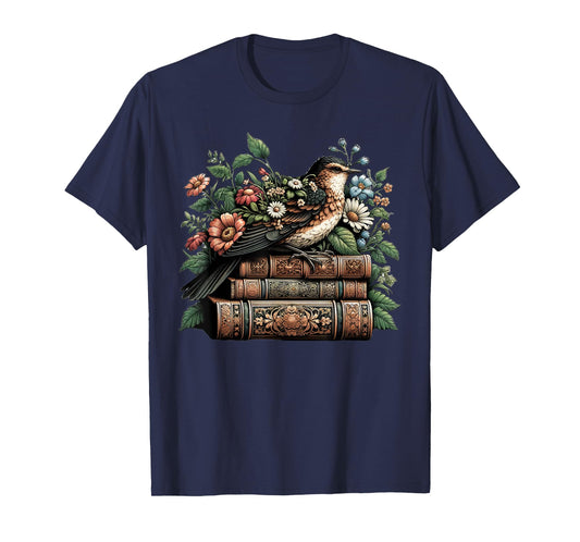Cottagecore Aesthetic Floral Bird Books T-Shirt