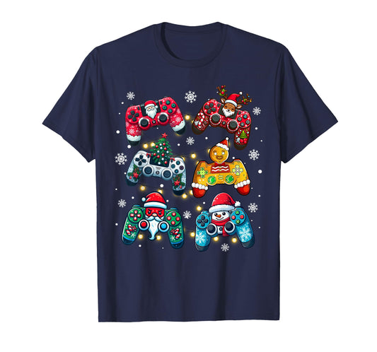 Boys Christmas Shirt Santa Elf Gaming Controllers Gamer Xmas T-Shirt