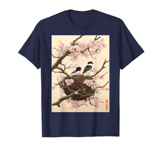 Retro Graphic Japanese Art Birds on Cherry Blossom Woodblock T-Shirt