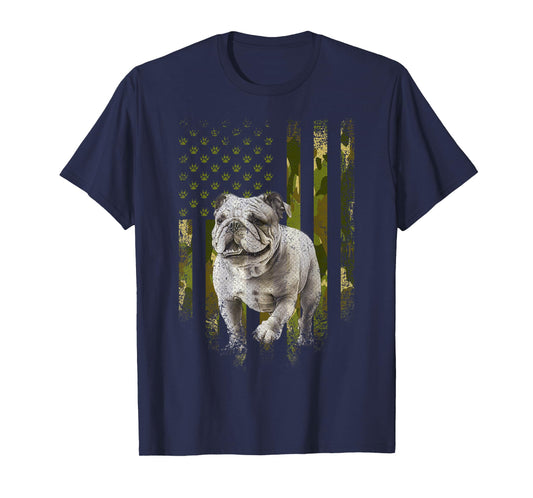 Vintage Camouflage USA Camo Flag Bulldog 4th Of July Women Kids Men T-Shirt