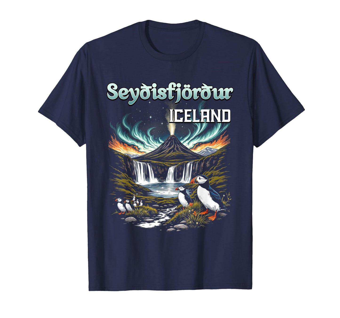 Seyðisfjörður Iceland Souvenir Icelandic Volcano Puffins T-Shirt