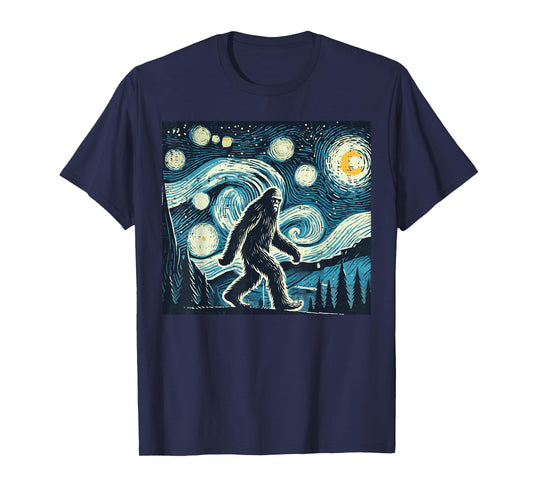 Bigfoot Starry Night Funny Sasquatch Art Paint Women Men Kid T-Shirt