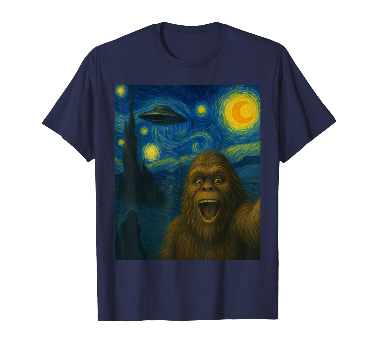 Sasquatch Selfie Big Foot On UFO Alien Starry Night Funny T-Shirt
