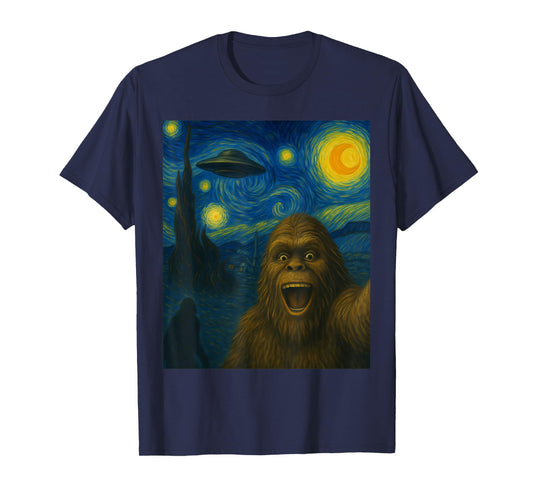 Sasquatch Selfie Big Foot On UFO Alien Starry Night Funny T-Shirt